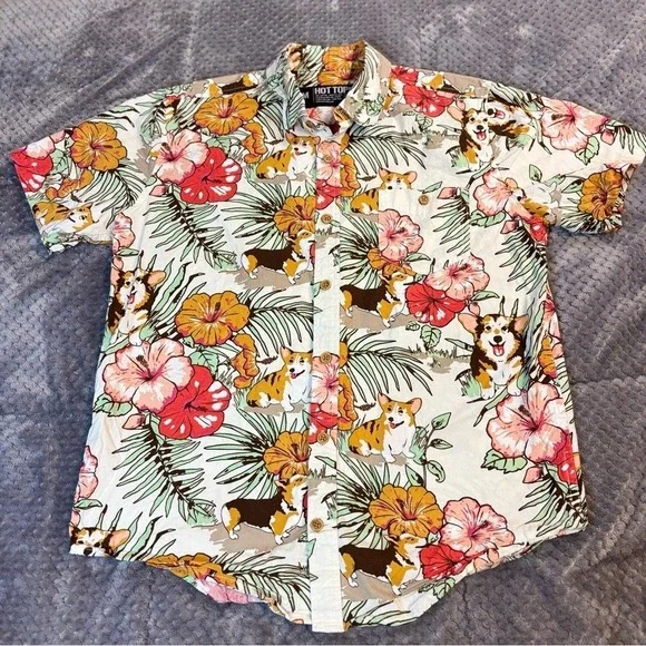 Hot Topic Corgi Tropical Hibiscus Floral Button Up Shirt Mens Medium Cream Short - Picture 2 of 6